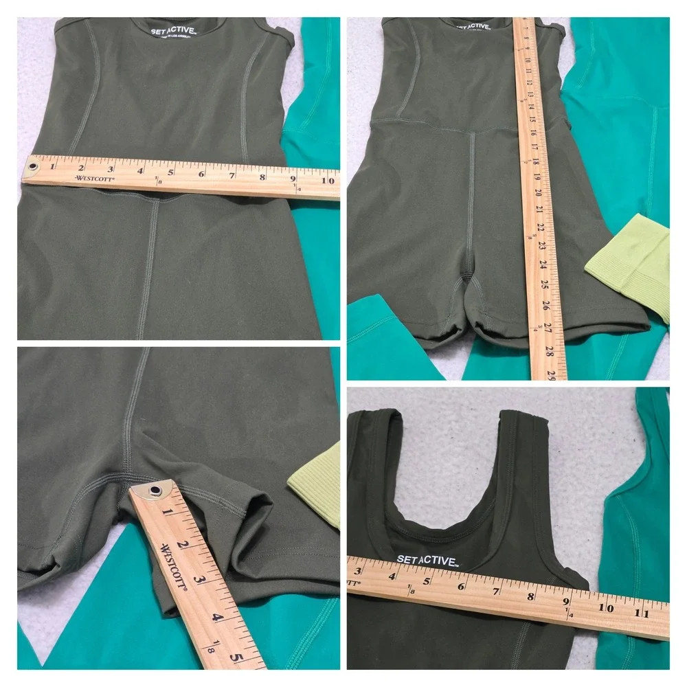 SET ACTIVE Bundle XS Sportbody Romper Teal Bodysuit Lime Green Ribbed Leggings - Picture 14 of 15